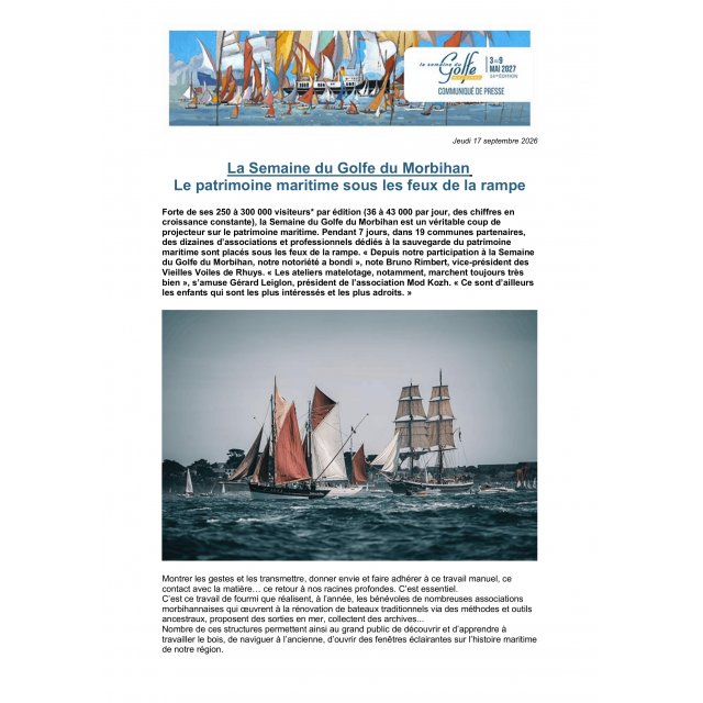 Communiqué de presse n°3 | La Semaine du Golfe du Morbihan - Le patrimoine maritime sous les feux de la rampe (17 septembre 2026)