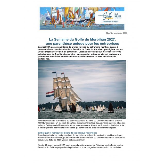 Communiqué de presse n°2 | La Semaine du Golfe du Morbihan 2027, une parenthèse unique pour les entreprises (01 septembre 2026)